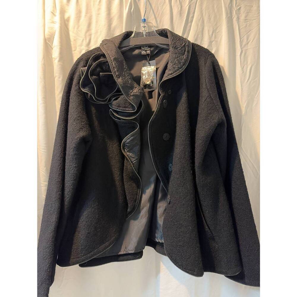 NEW COVELO women's wool coat rose on shoulder zipper trim jacket in black